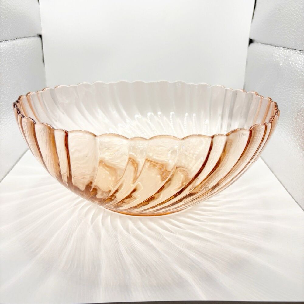 Arcoroc France Rosaline Pink Swirl Glass Serving Bowl 9" Vtg Depression